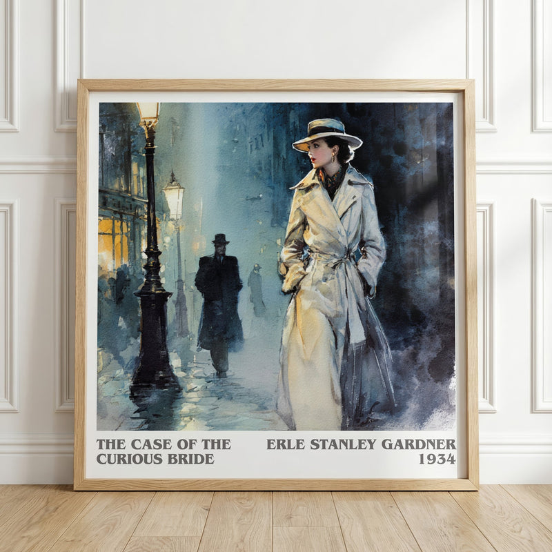The Case of the Curious Bride literary print in frame leaning in hallway – mystery wall art