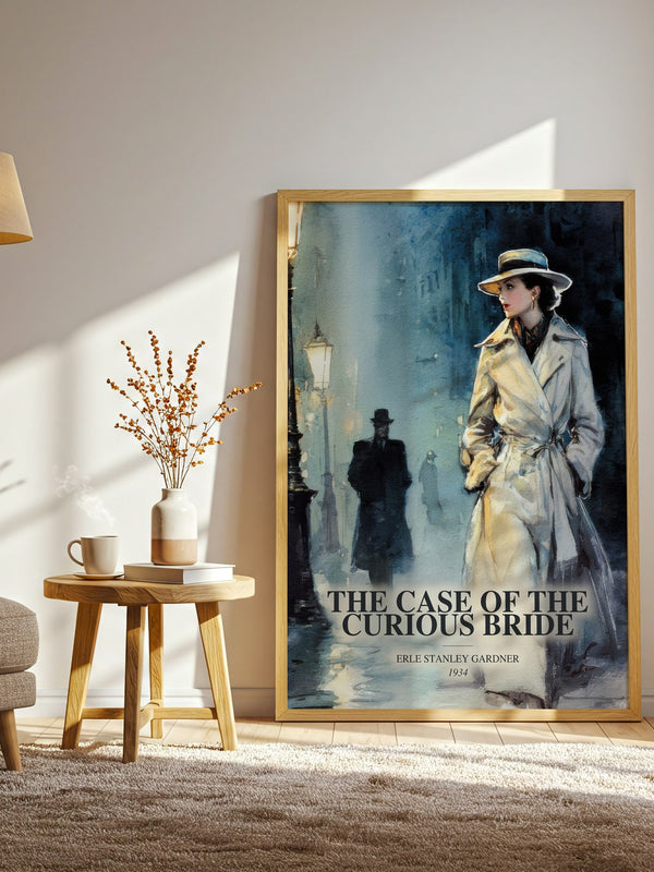 The Case Of The Curious Bride watercolour print in frame leaning in hallway – mystery wall art