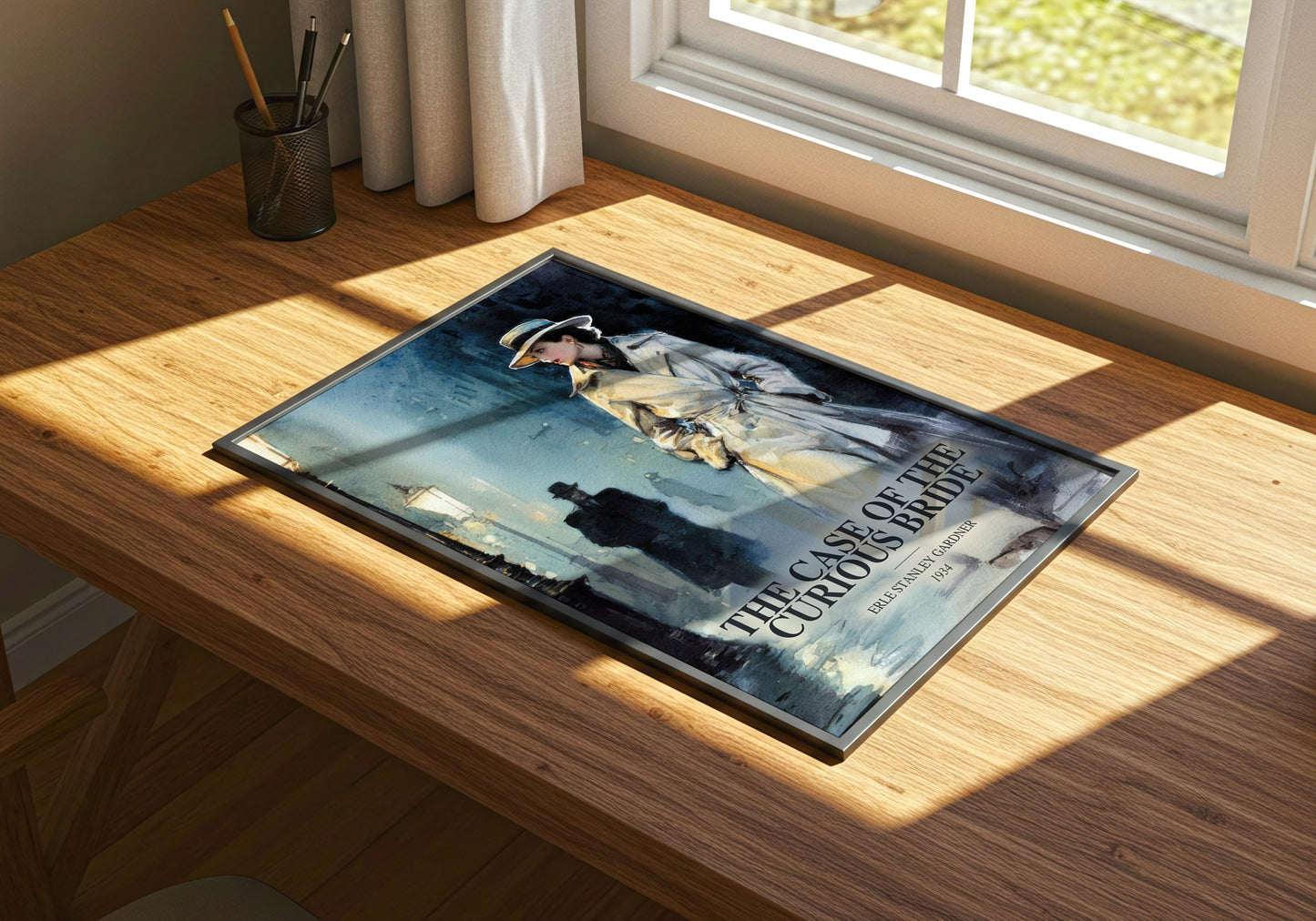 The Case Of The Curious Bride watercolour book poster framed on wall – mystery wall art