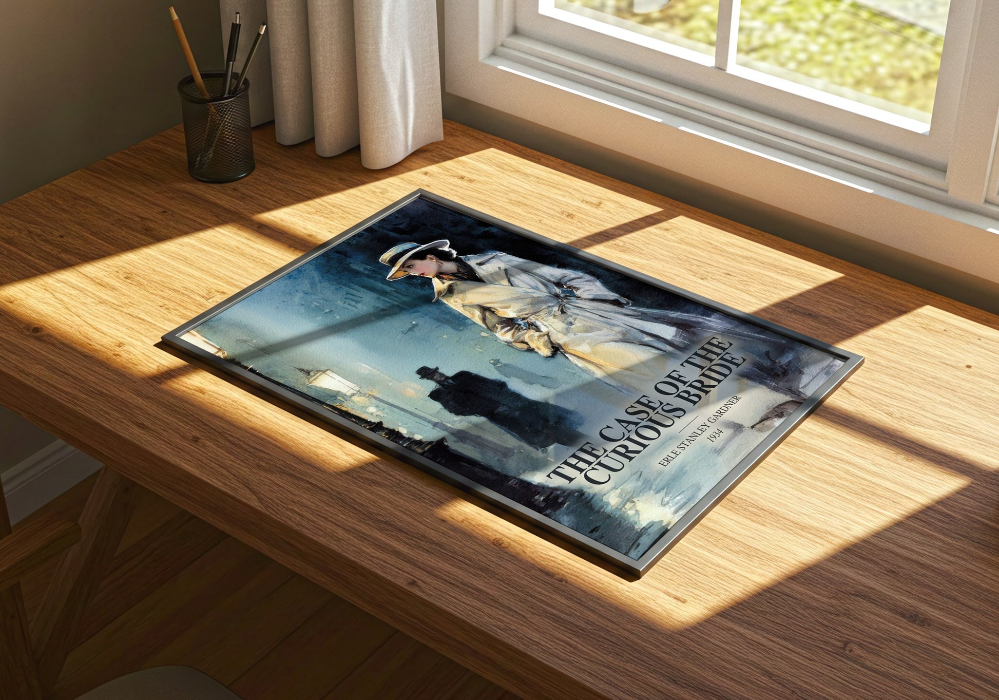 The Case Of The Curious Bride watercolour book poster framed on wall – mystery wall art