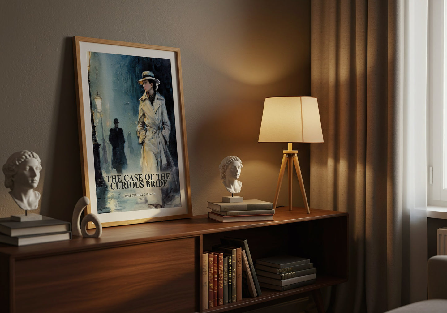The Case Of The Curious Bride watercolour print on bookshelf – Erle Stanley Gardner fan gift