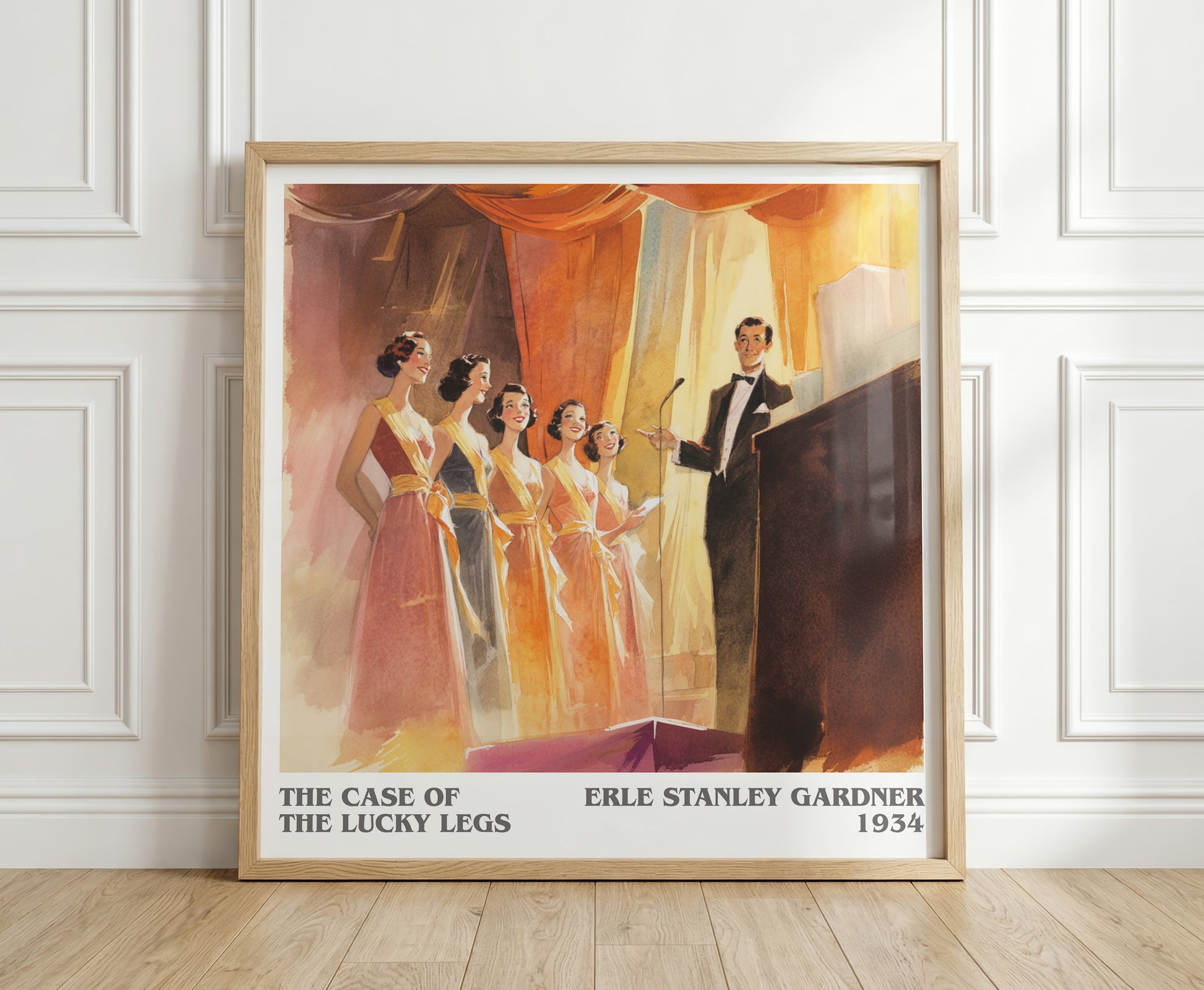 The Case of the Lucky Legs literary print in frame leaning in hallway – mystery wall art