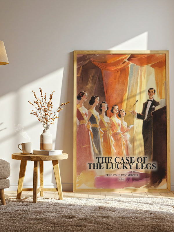 The Case Of The Lucky Legs watercolour print in frame leaning in hallway – mystery wall art