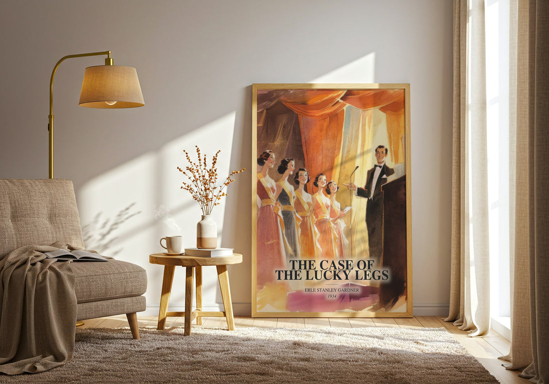 The Case Of The Lucky Legs watercolour print in frame leaning in hallway – mystery wall art (mockup)