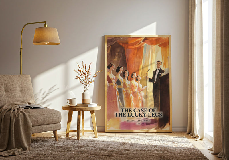 The Case Of The Lucky Legs watercolour print in frame leaning in hallway – mystery wall art