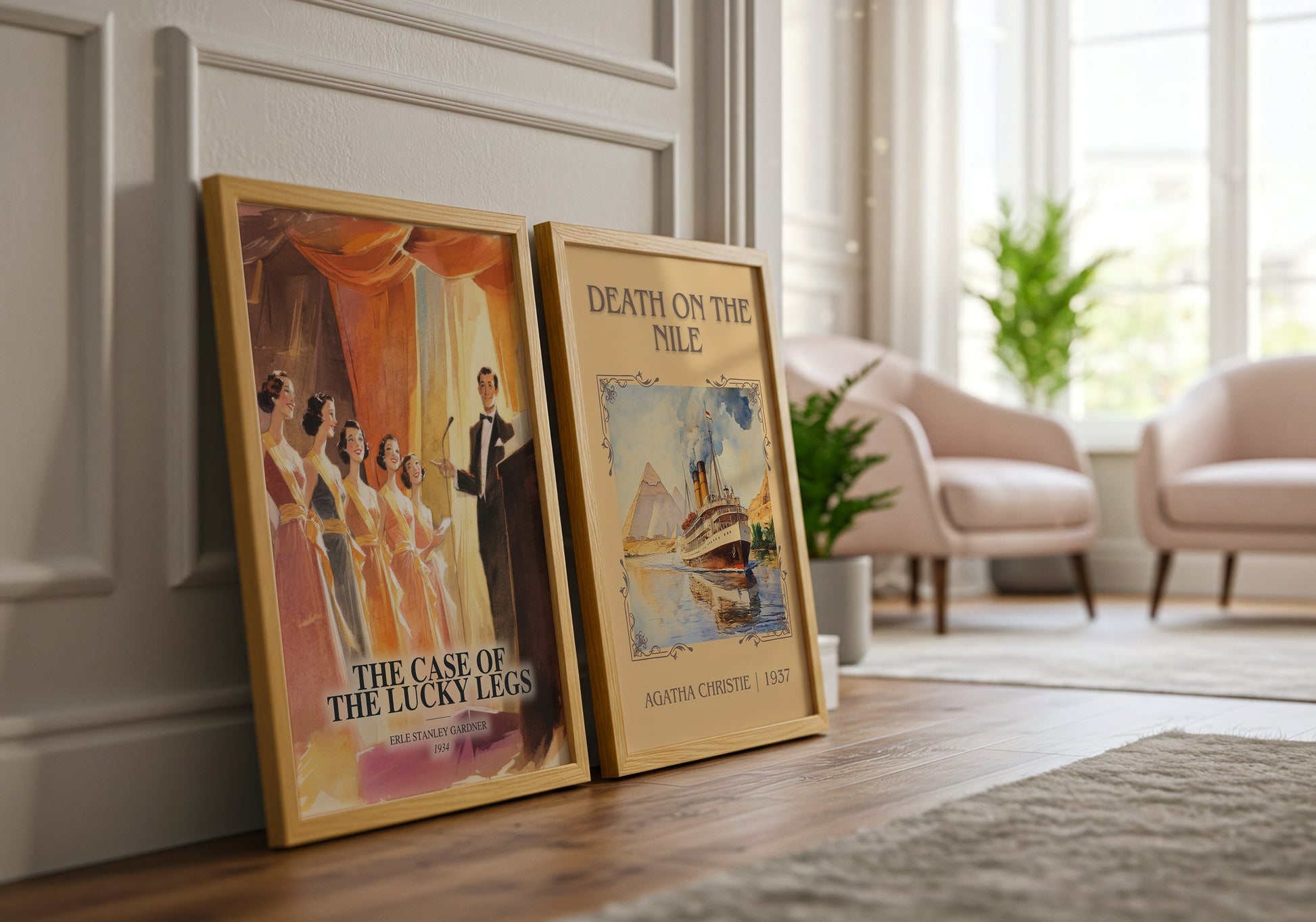The Case Of The Lucky Legs watercolour print framed by window – literary home decor