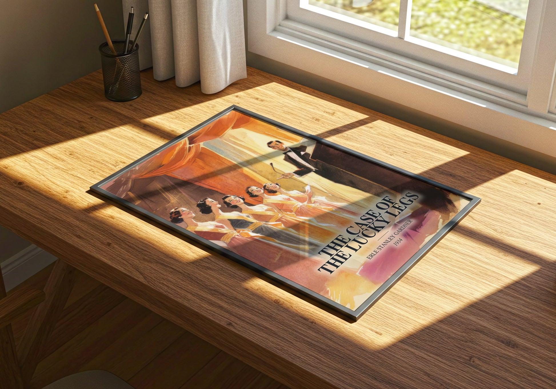 The Case Of The Lucky Legs watercolour book poster framed on wall – mystery wall art
