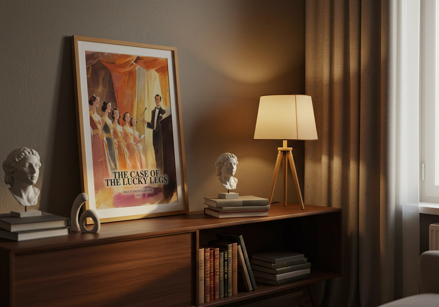 The Case Of The Lucky Legs watercolour print on bookshelf – Erle Stanley Gardner fan gift