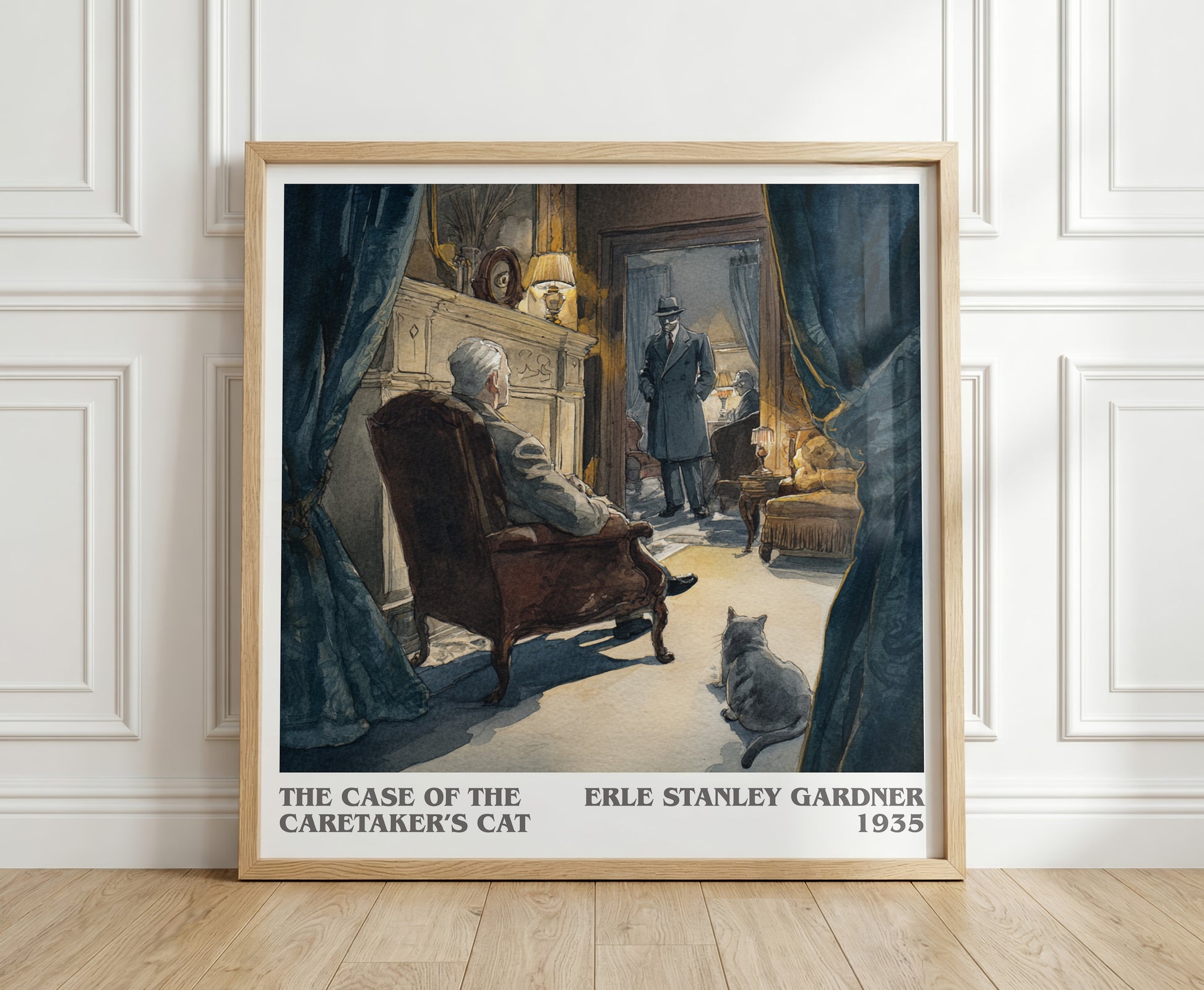 The Case of the Caretaker's Cat literary print in frame leaning in hallway – mystery wall art