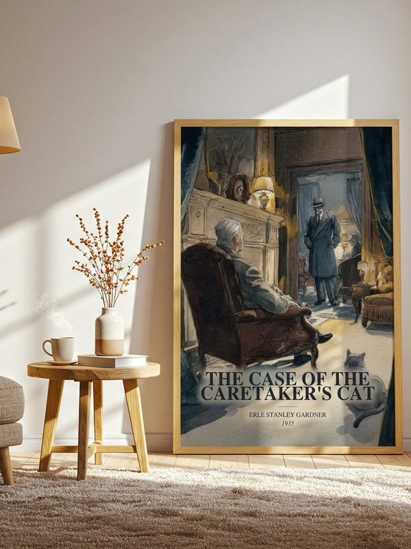 The Case Of The Caretaker'S Cat watercolour print in frame leaning in hallway – mystery wall art