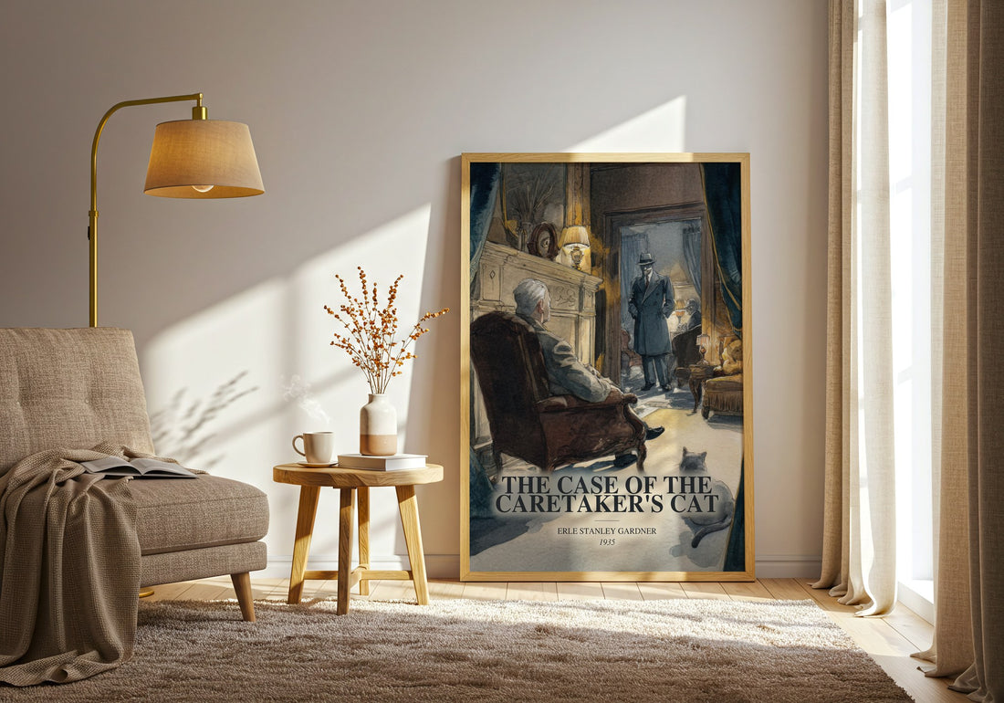 The Case Of The Caretaker'S Cat watercolour print in frame leaning in hallway – mystery wall art (mockup)