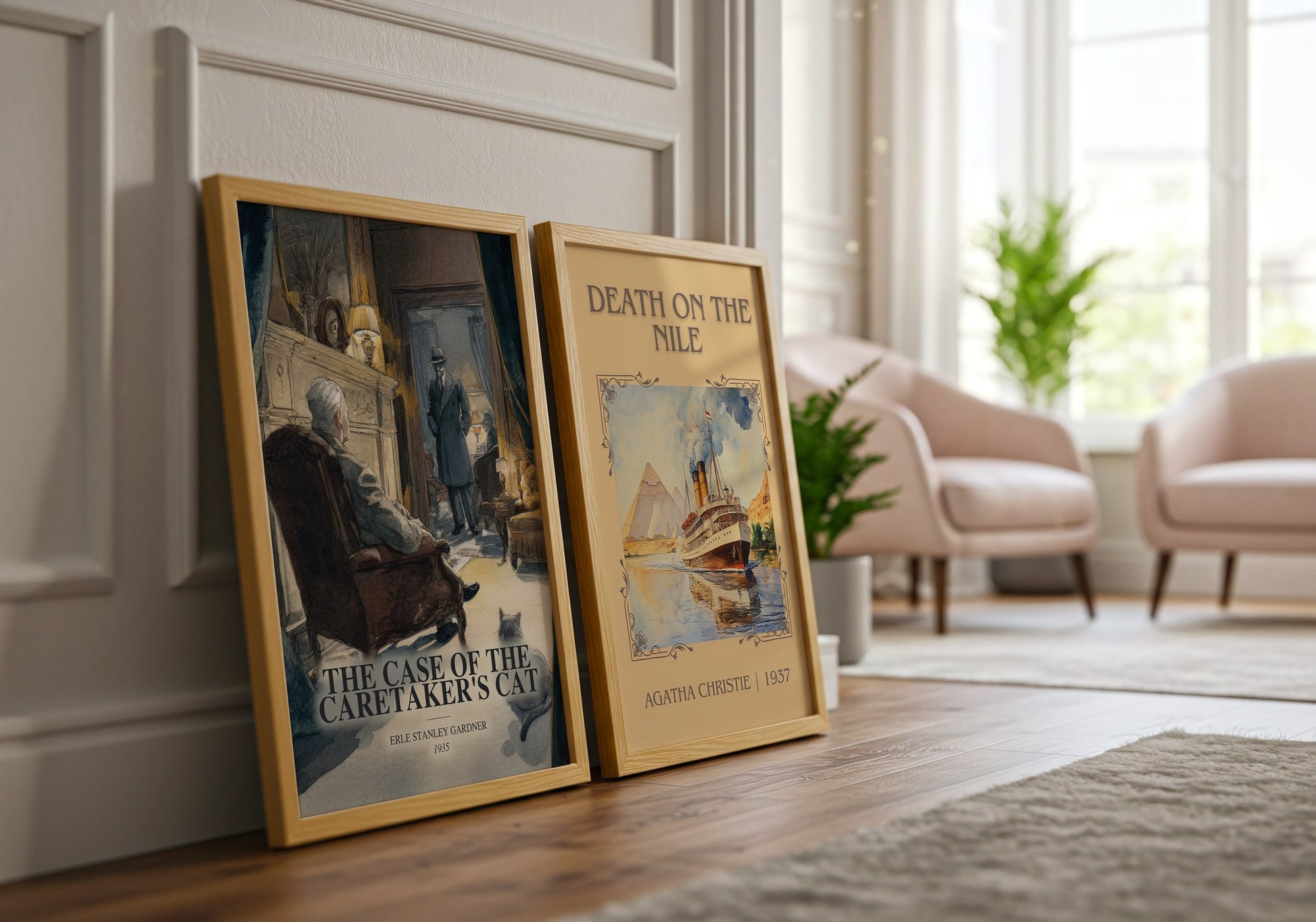 The Case Of The Caretaker'S Cat watercolour print framed by window – literary home decor