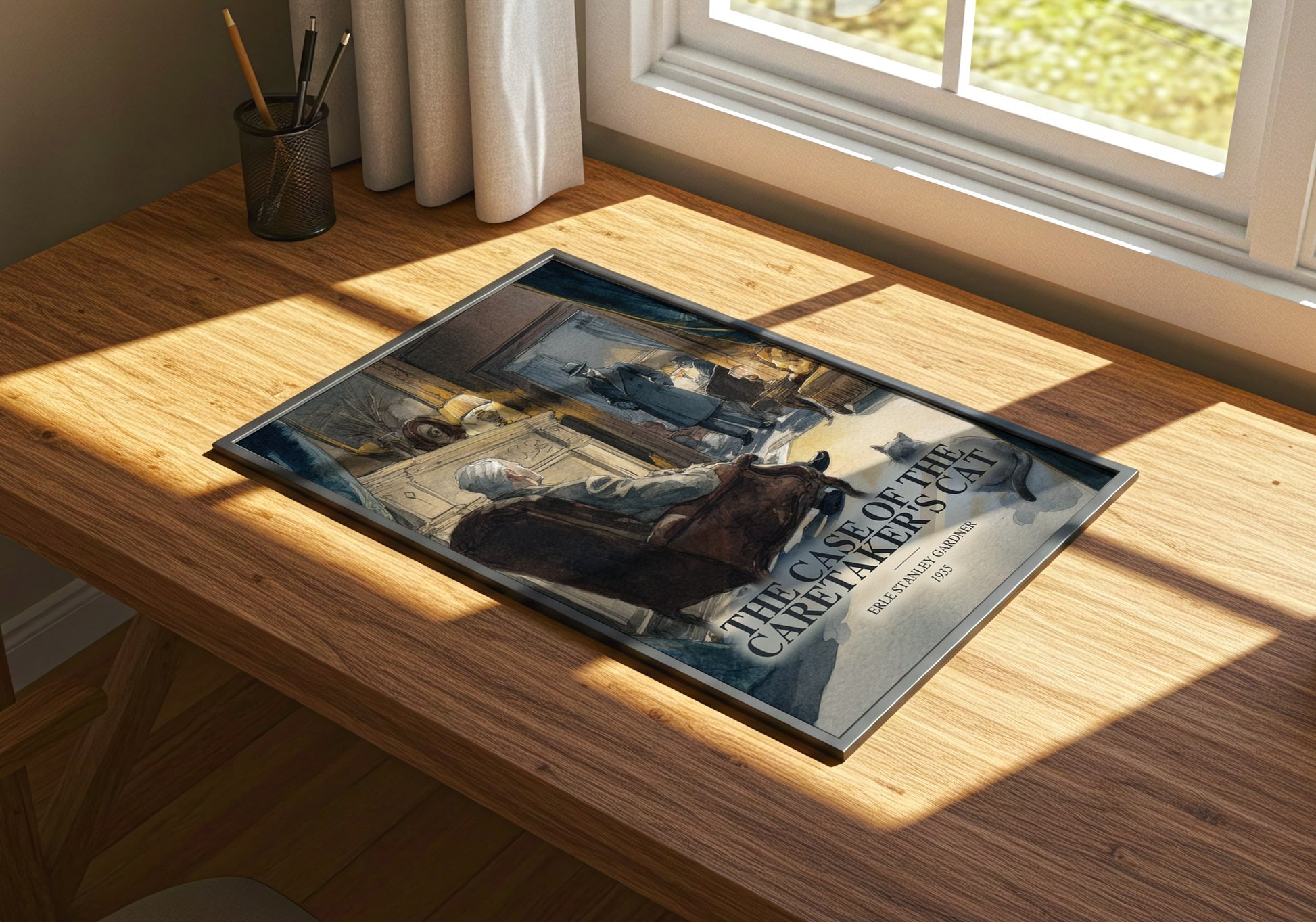 The Case Of The Caretaker'S Cat watercolour book poster framed on wall – mystery wall art