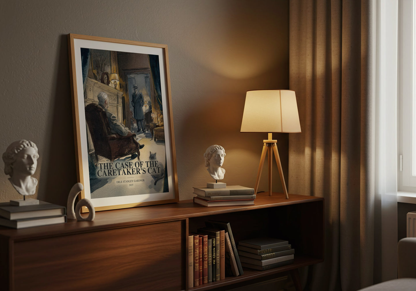 The Case Of The Caretaker'S Cat watercolour print on bookshelf – Erle Stanley Gardner fan gift