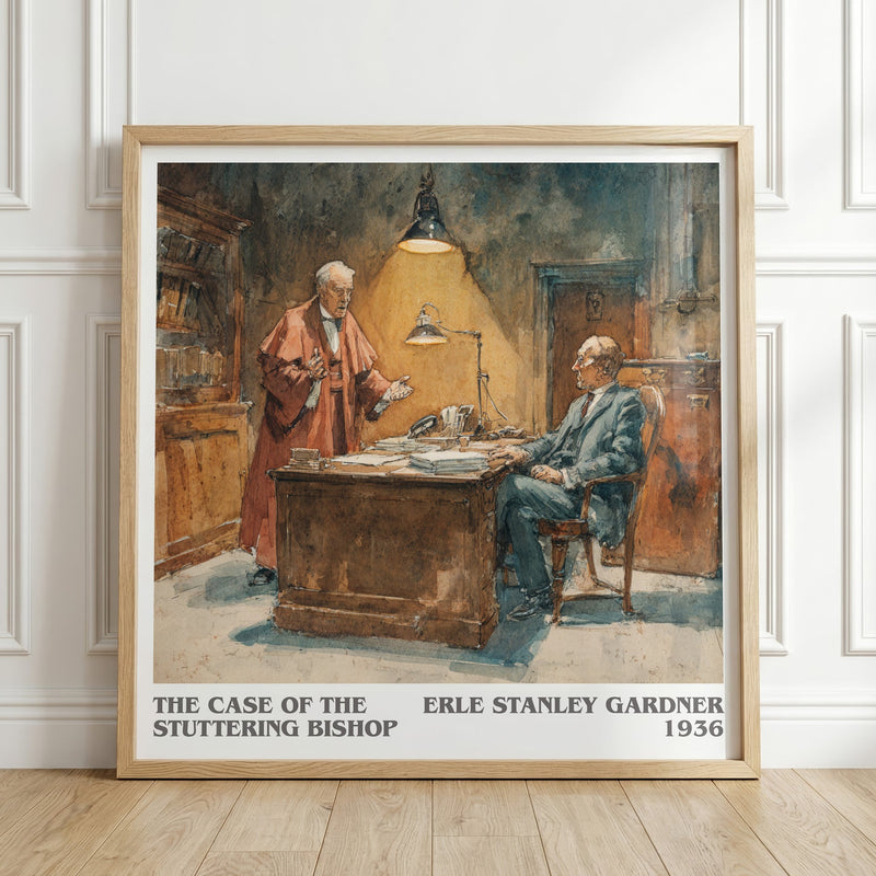The Case of the Stuttering Bishop literary print in frame leaning in hallway – mystery wall art