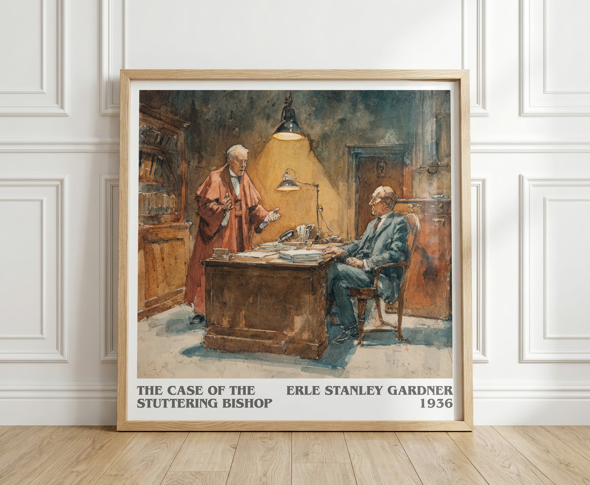 The Case of the Stuttering Bishop literary print in frame leaning in hallway – mystery wall art
