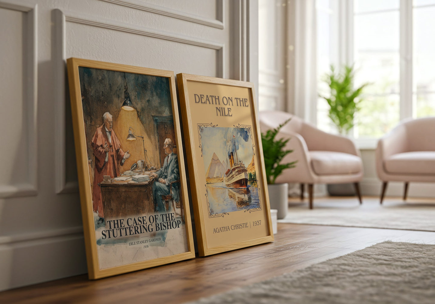 The Case Of The Stuttering Bishop watercolour print framed by window – literary home decor