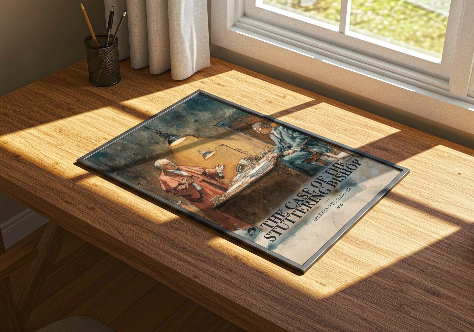 The Case Of The Stuttering Bishop watercolour book poster framed on wall – mystery wall art