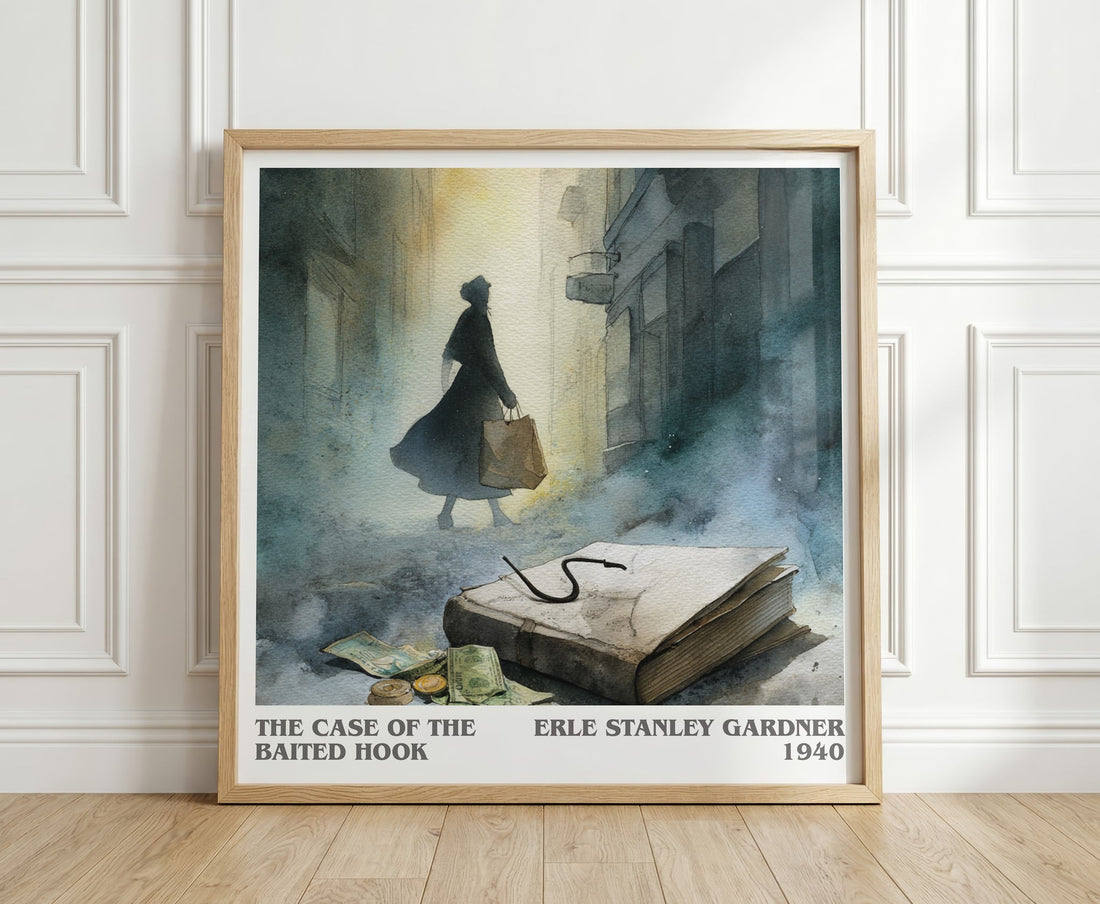 The Case of the Baited Hook literary print in frame leaning in hallway – mystery wall art (mockup)
