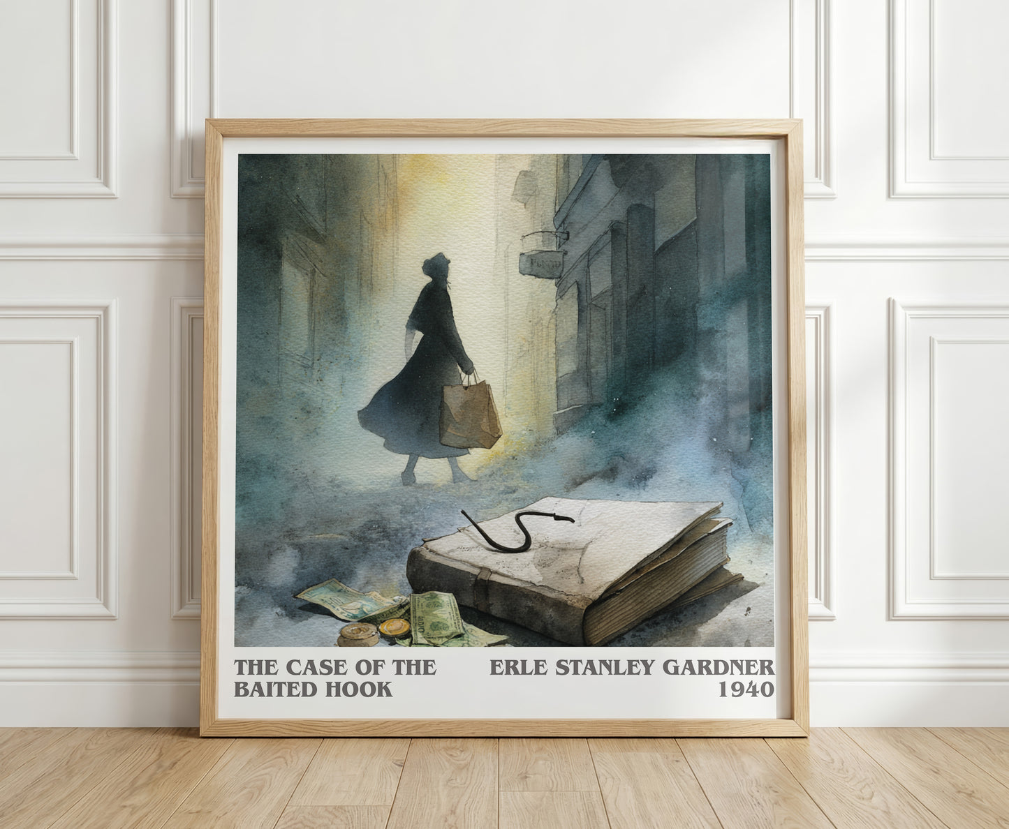 The Case of the Baited Hook literary print in frame leaning in hallway – mystery wall art