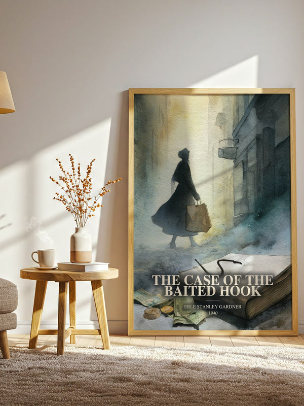 The Case Of The Baited Hook watercolour print in frame leaning in hallway – mystery wall art