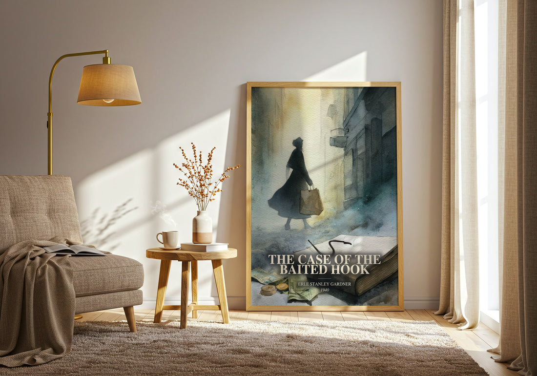 The Case Of The Baited Hook watercolour print in frame leaning in hallway – mystery wall art (mockup)