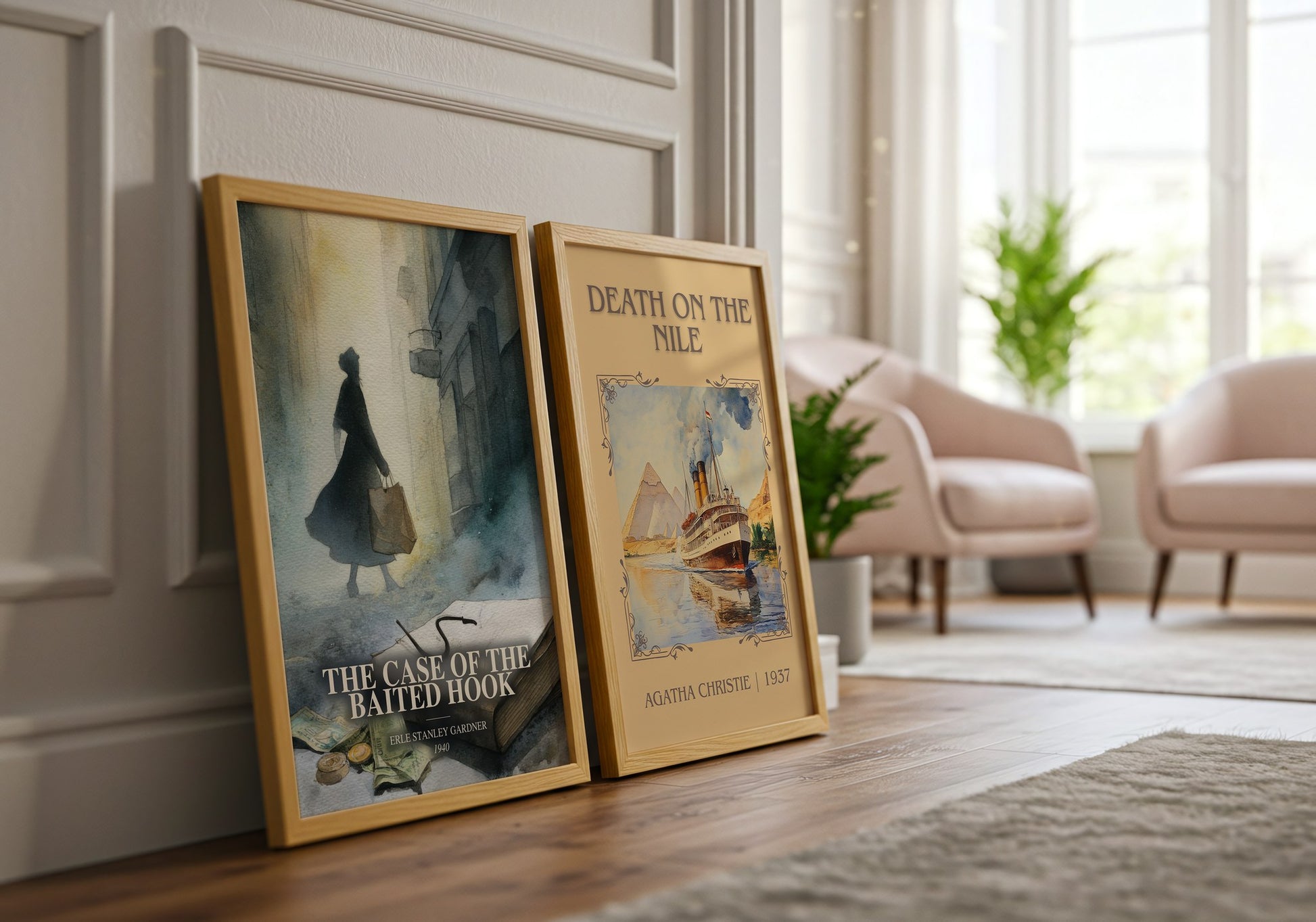 The Case Of The Baited Hook watercolour print framed by window – literary home decor