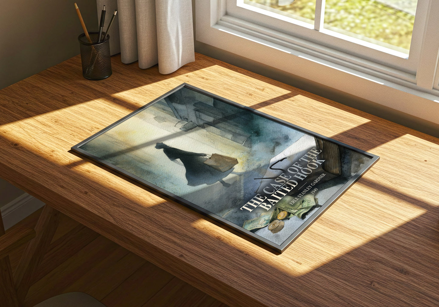 The Case Of The Baited Hook watercolour book poster framed on wall – mystery wall art