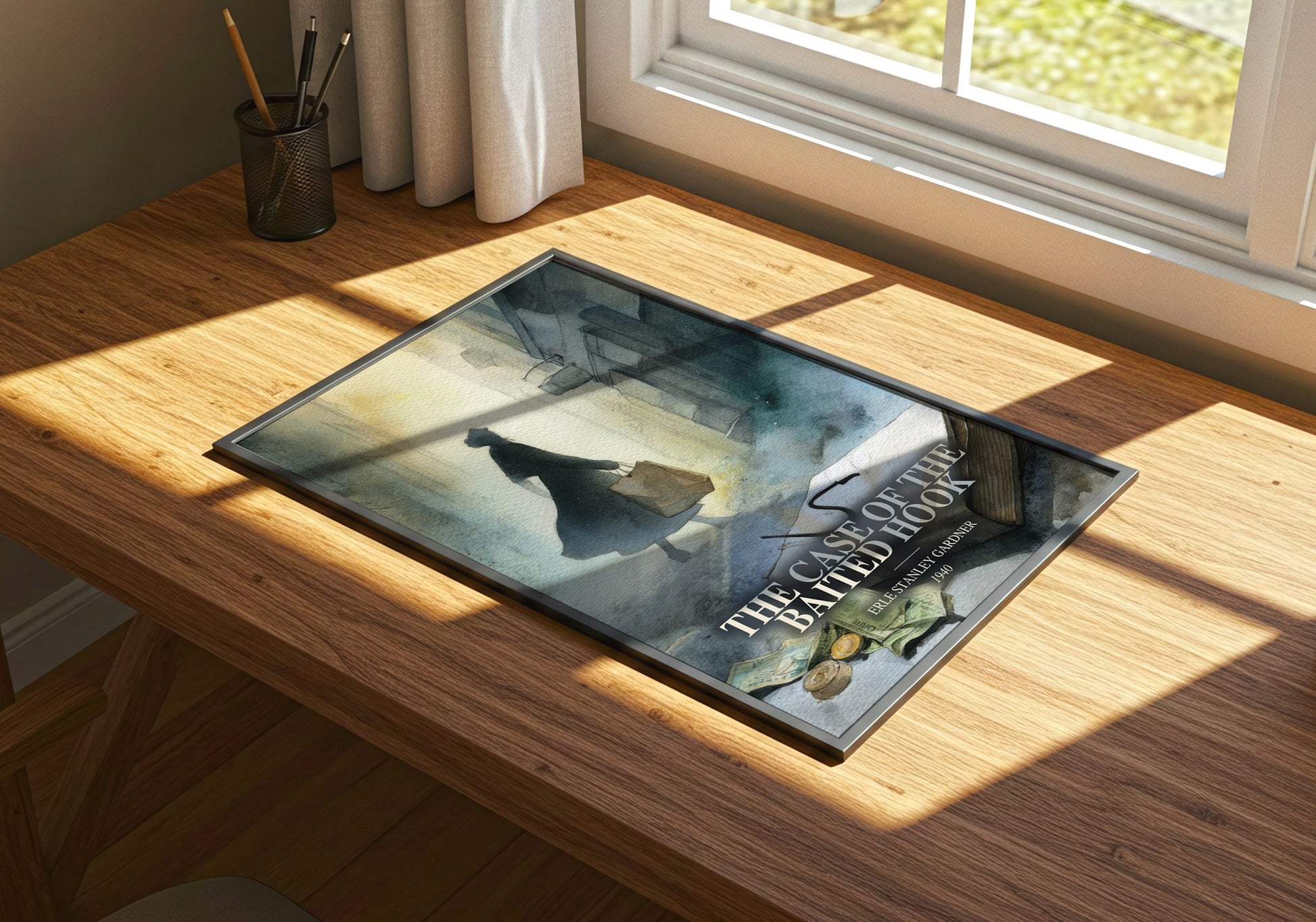The Case Of The Baited Hook watercolour book poster framed on wall – mystery wall art