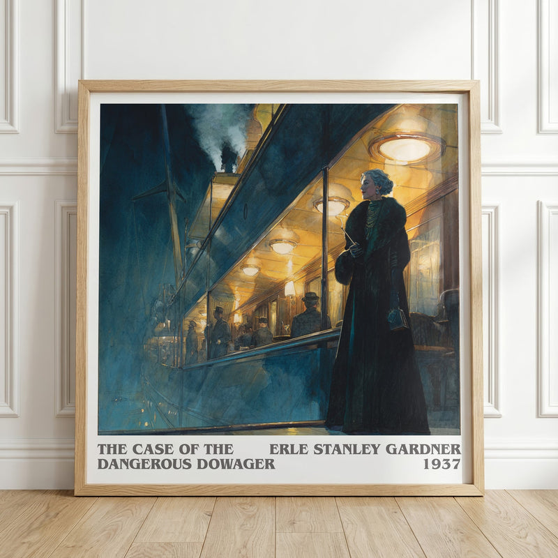 The Case Of The Dangerous Dowager literary print in frame leaning in hallway – mystery wall art