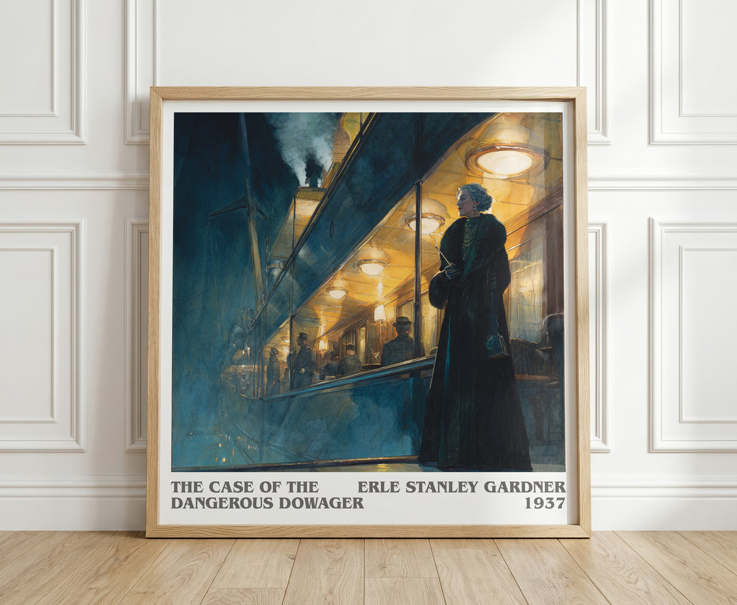 The Case Of The Dangerous Dowager literary print in frame leaning in hallway – mystery wall art