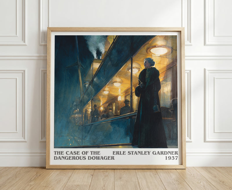 The Case Of The Dangerous Dowager literary print in frame leaning in hallway – mystery wall art