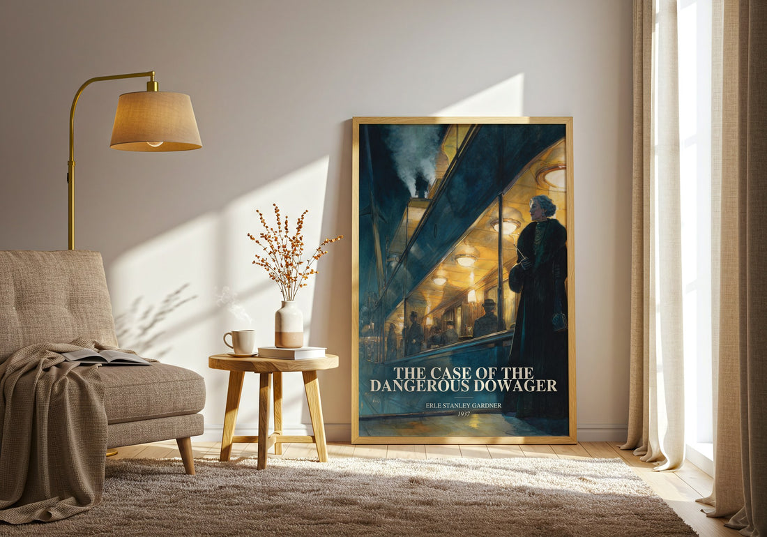 The Case Of The Dangerous Dowager watercolour print in frame leaning in hallway – mystery wall art (mockup)