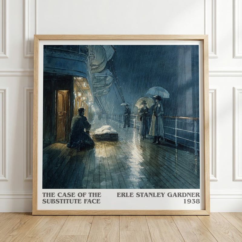 The Case of the Substitute Face literary print in frame leaning in hallway – mystery wall art
