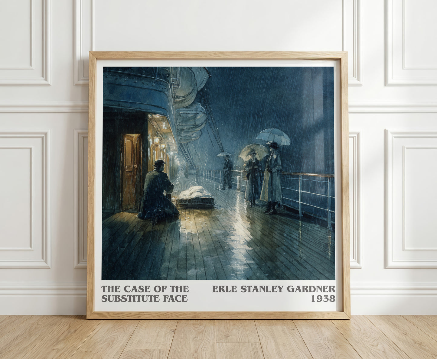 The Case of the Substitute Face literary print in frame leaning in hallway – mystery wall art