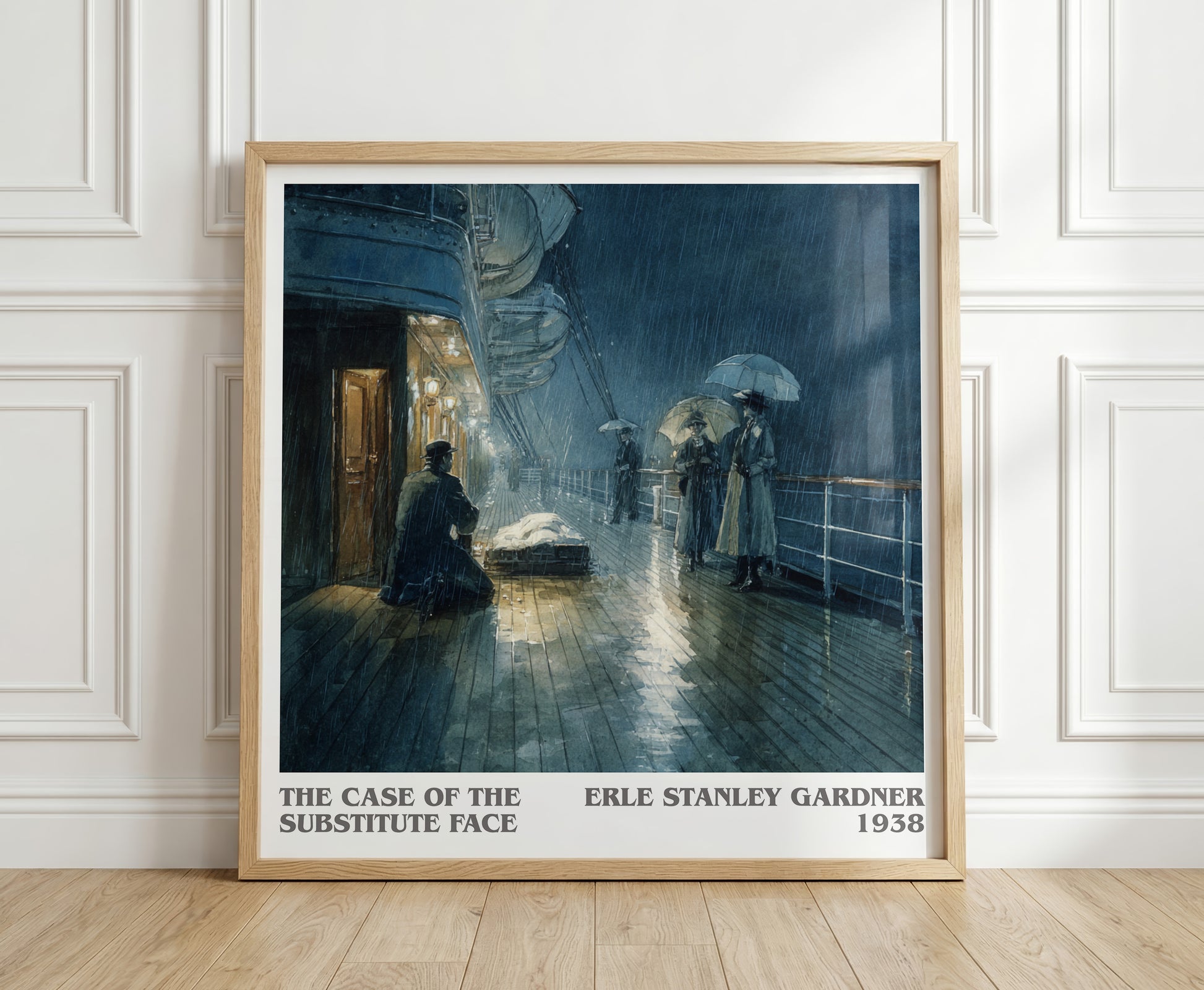 The Case of the Substitute Face literary print in frame leaning in hallway – mystery wall art