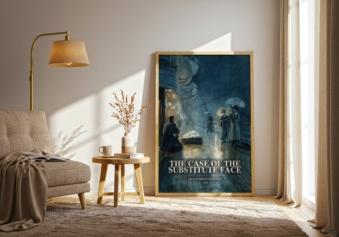The Case Of The Substitute Face watercolour print in frame leaning in hallway – mystery wall art (mockup)