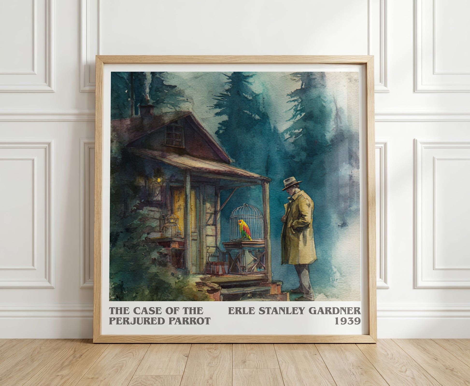 The Case Of The Perjured Parrot literary print in frame leaning in hallway – mystery wall art