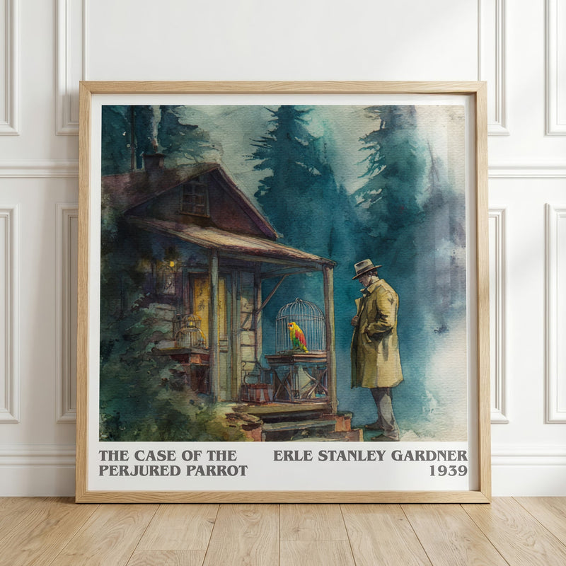 The Case Of The Perjured Parrot literary print in frame leaning in hallway – mystery wall art