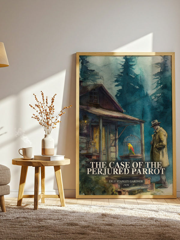 The Case Of The Perjured Parrot watercolour print in frame leaning in hallway – mystery wall art