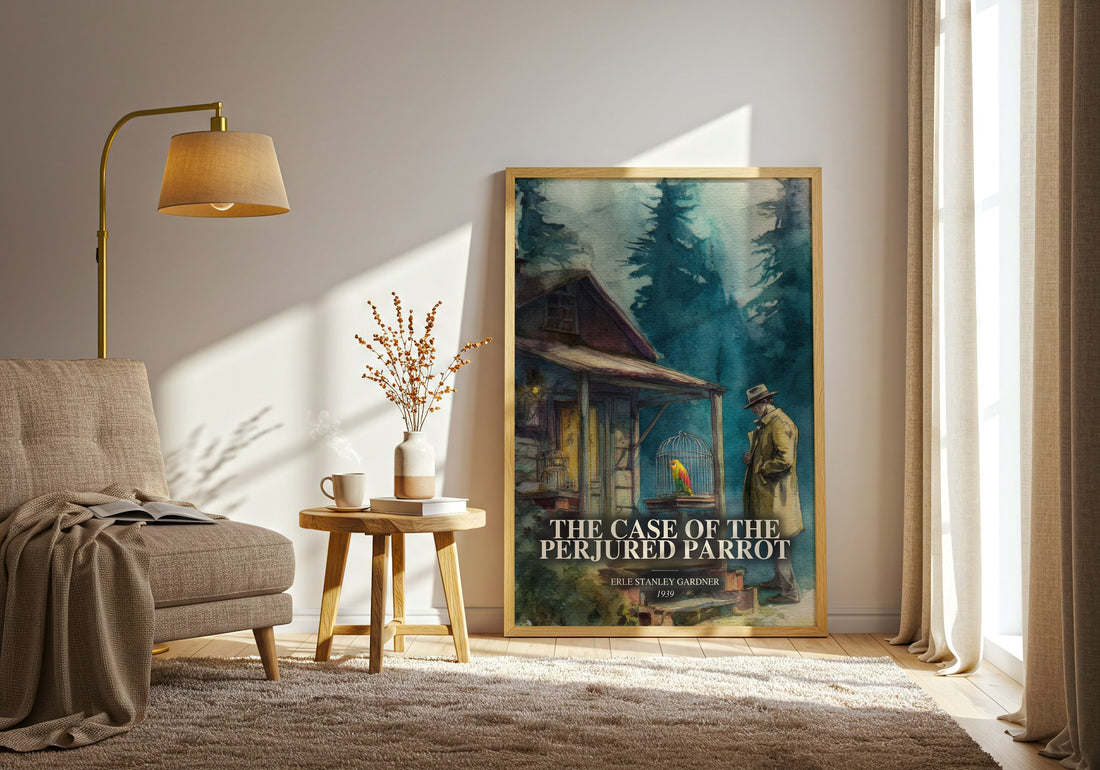 The Case Of The Perjured Parrot watercolour print in frame leaning in hallway – mystery wall art (mockup)
