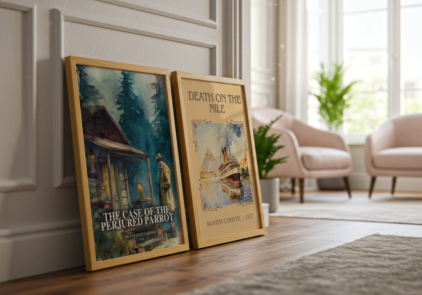 The Case Of The Perjured Parrot watercolour print framed by window – literary home decor