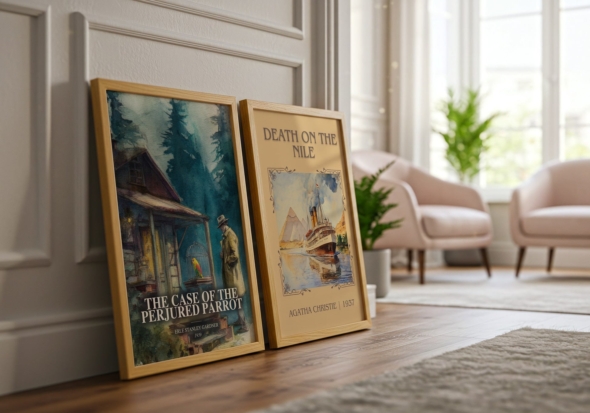 The Case Of The Perjured Parrot watercolour print framed by window – literary home decor