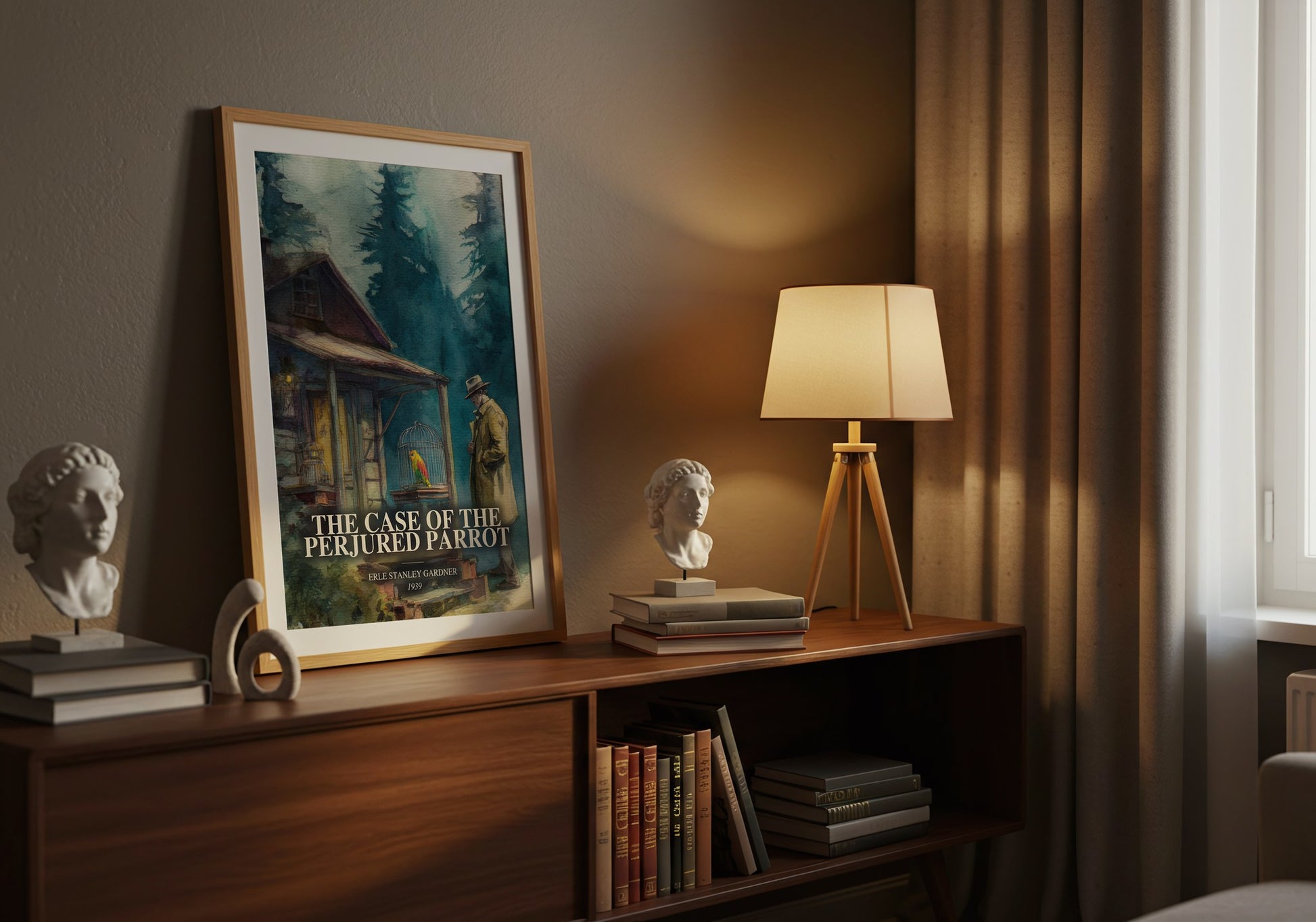 The Case Of The Perjured Parrot watercolour print on bookshelf – Erle Stanley Gardner fan gift