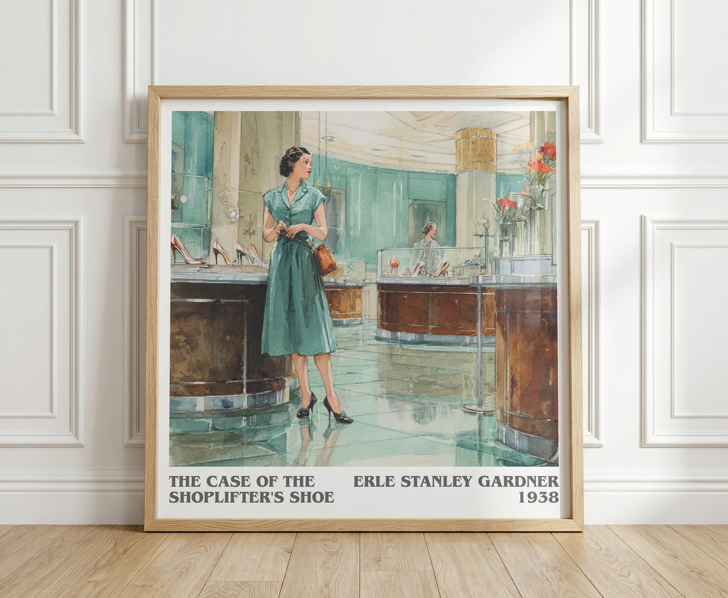 The Case of the Shoplifter's Shoe literary print in frame leaning in hallway – mystery wall art