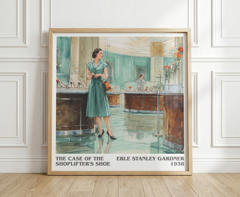 The Case of the Shoplifter's Shoe literary print in frame leaning in hallway – mystery wall art
