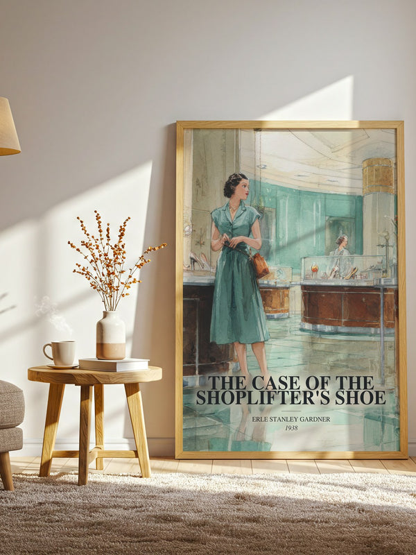 The Case Of The Shoplifter'S Shoe watercolour print in frame leaning in hallway – mystery wall art