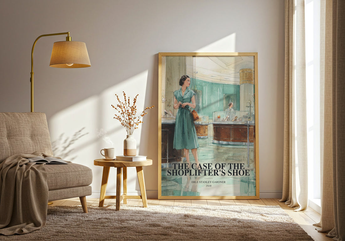 The Case Of The Shoplifter'S Shoe watercolour print in frame leaning in hallway – mystery wall art (mockup)