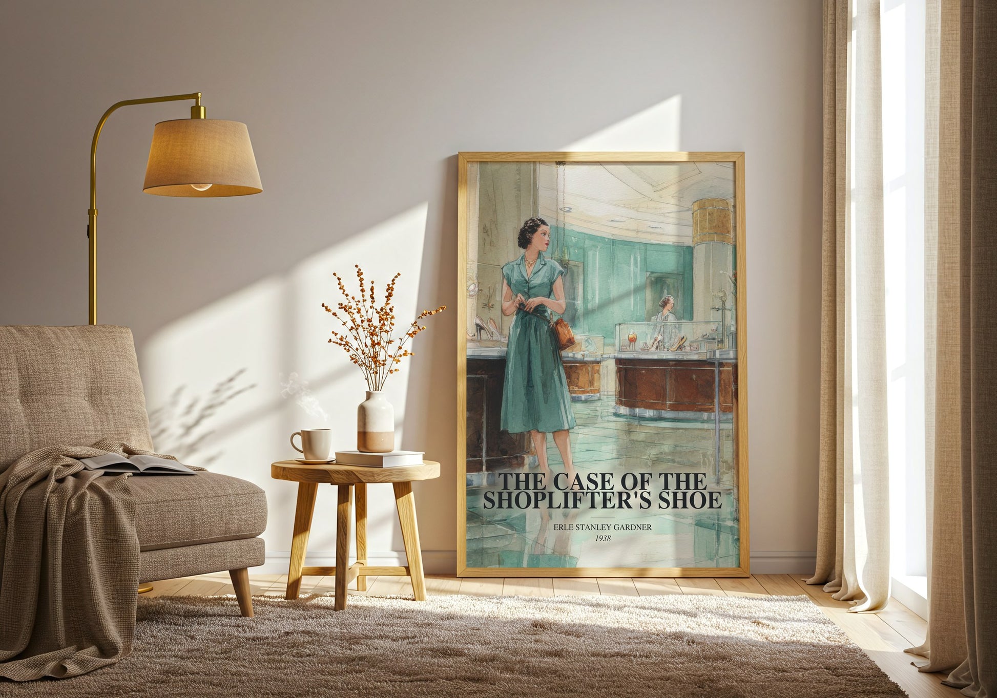 The Case Of The Shoplifter'S Shoe watercolour print in frame leaning in hallway – mystery wall art