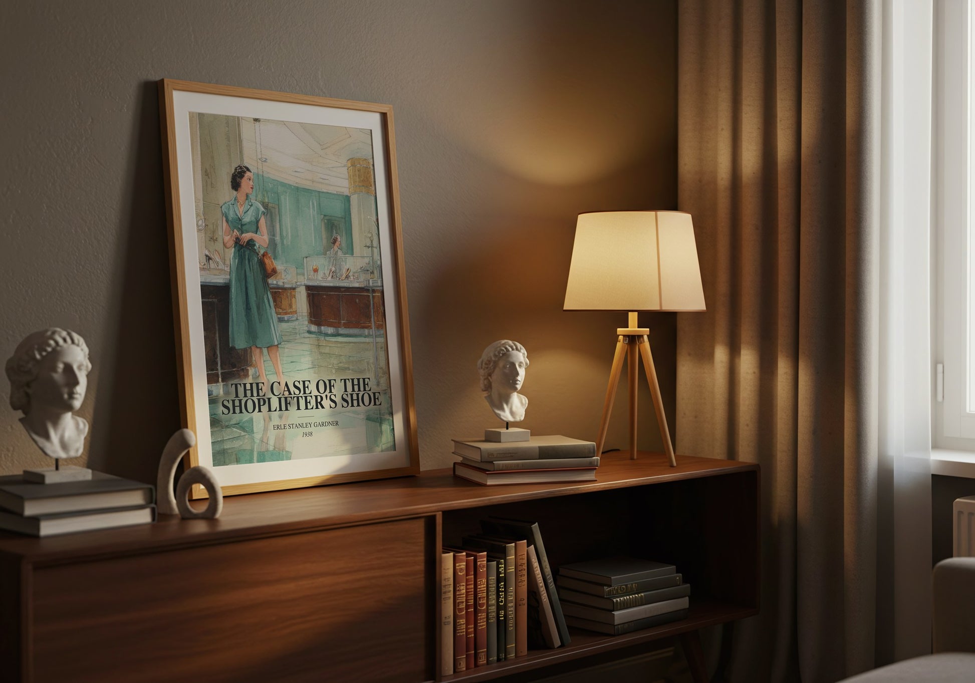 The Case Of The Shoplifter'S Shoe watercolour print on bookshelf – Erle Stanley Gardner fan gift